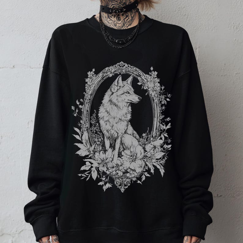 Victorian Wolf Graphic Sweatshirt, Floral Whimsigoth Forestcore Sweater, Emo Witchy Goth Pullover Shirt Alternative Dark Academia Sweatshirt image 2