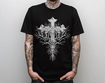 Unisex Gothic Skull Cross Graphic T-Shirt, Y2K Punk Grunge Shirt, Alternative Goth Clothing, Medieval Horror Shirt, Emo Goth Gift For Him