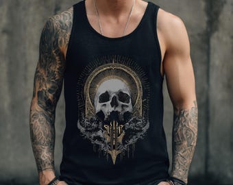 Camiseta unisex con estampado de calavera gótica, camiseta metal grunge punk, camiseta gótica alternativa para hombre, ropa grunge Y2K, regalo gótico para él
