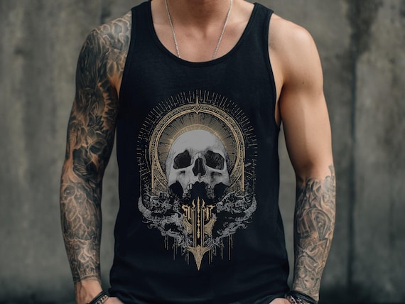 Gothic Skull Unisex Graphic Tank Top, Metal Grunge Punk Shirt, Mens Alternative Goth Shirt, Y2K Grunge Clothing, Goth Gift For Him
