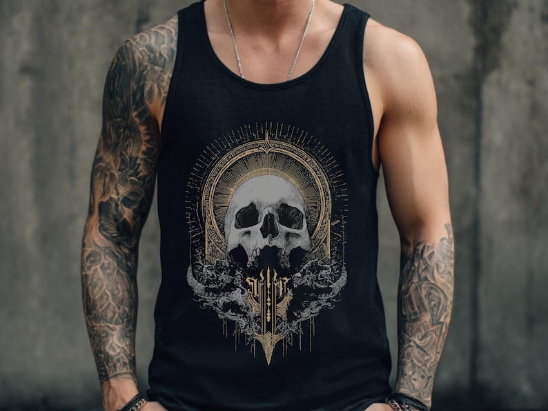 Gothic Skull Unisex Graphic Tank Top, Metal Grunge Punk Shirt, Mens Alternative Goth Shirt, Y2K Grunge Clothing, Goth Gift For Him image 1