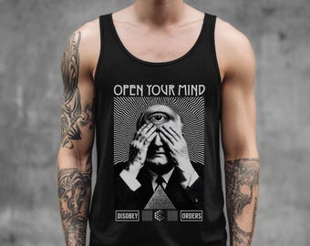 Camiseta unisex con gráfico "Abre tu mente", camiseta punk grunge, camiseta gótica para hombre, ropa urbana vanguardista, regalo gótico para su novio.