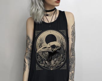 Débardeur graphique gothique sorcière tête de mort corbeau mystique unisexe, chemise bohème cottagecore sombre, vêtements gobelincore academia sombres, cadeau pour elle