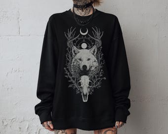 Sudadera con estampado de lobo gótico, sudadera estilo bruja gótica cottagecore, suéter estilo academia oscura, ropa gótica, regalo gótico para ella