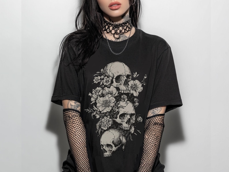 Floral Skull Comfort Colors T-Shirt, Gothic Graphic T-Shirt, Whimsigoth Witchy Clothing, Alternative Grunge Goth Shirt, Goth Gift image 1