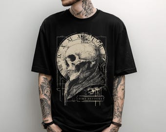 Unisex Schädel Uhr Gothic Grafik T-Shirt, Alternative Punk Grunge Shirt, Streetwear Goth Kleidung, Emo Alt Shirt, Goth Geschenk für Sie und Ihn