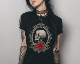 Victorian Skull Y2K Pastel Goth Fitted T-Shirt, Dark Academia Goth Graphic Shirt, Whimsigoth Clothing, Grunge Emo Top, Goth Gift For Her