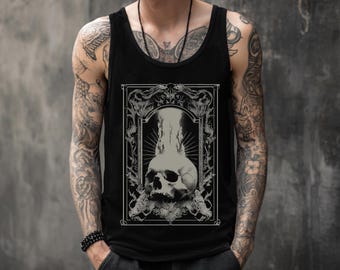 Unisex Psychedelic Gothic Skull Tank Top, Trippy Weirdcore Shirt, Alternative Goth Clothing, Punk Grunge Graphic Shirt, Gift For Him or Her