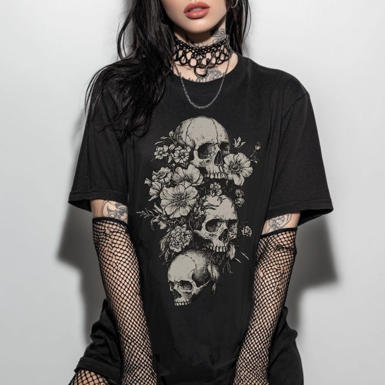 Floral Skull Comfort Colors T-Shirt, Gothic Graphic T-Shirt, Whimsigoth Witchy Clothing, Alternative Grunge Goth Shirt, Goth Gift image 3