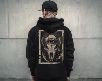Unisex Third Eye Bull Skull Psychedelic Gothic Hoodie, Occult Punk Grunge Graphic Jacket, Alternative Streetwear Clothing, Gift For Him Her
