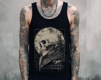 Retro schedelklok gotische grafische tanktop, alternatief punk grunge shirt, streetwear gothic kleding, emo alt shirt, gothic cadeau voor hem of haar