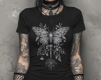 Butterfly Y2K Goth Fitted T-Shirt, Graphic Print Witchy Shirt, Fairy Grunge Dark Boho Top, Emo Alternative Clothing, Goth Gift For Her