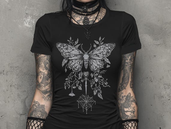 Butterfly Y2K Goth Fitted T-Shirt, Graphic Print Witchy Shirt, Fairy Grunge Dark Boho Top, Emo Alternative Clothing, Goth Gift For Her