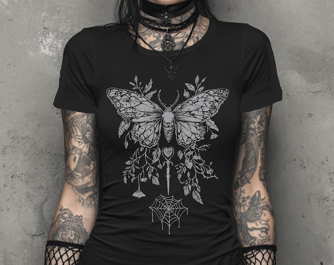 Butterfly Y2K Goth Fitted T-Shirt, Graphic Print Witchy Shirt, Fairy Grunge Dark Boho Top, Emo Alternative Clothing, Goth Gift For Her
