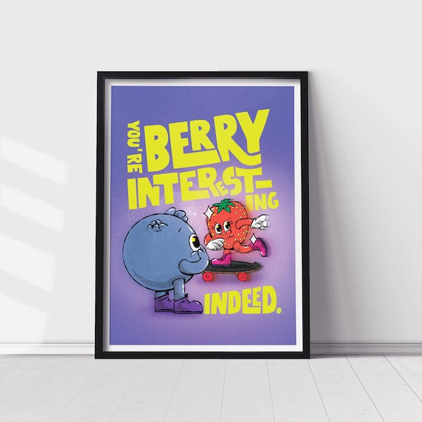 Retro Mascot Poster, Berry Interesting Indeed, Funky Fun Style, Colorful Designed Wall Art, Printable, Home Decoration. Digital Download.