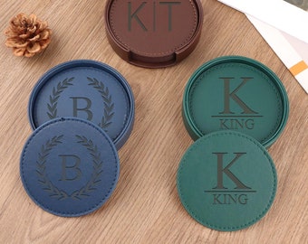 Personalized Leather Coasters Set of 6, Custom Coasters with Holder, Home Bar Drink Coasters, Wedding Party Gifts, Housewarming Gifts