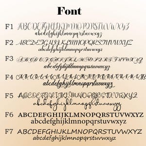May include: A display of seven different font styles, each with uppercase and lowercase alphabets. The word "Font" is at the top. The fonts vary in style, from elegant cursive to bold, simple lettering, all in black.