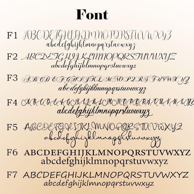 May include: A display of seven different font styles, each with uppercase and lowercase alphabets. The word "Font" is at the top. The fonts vary in style, from elegant cursive to bold, simple lettering, all in black.