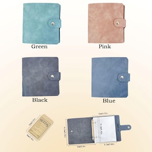 May include: A set of four faux leather binders in green, pink, black, and blue. Each binder has a snap closure. The image also shows a seed packet and an open binder with clear sleeves, with measurements in inches and centimeters.