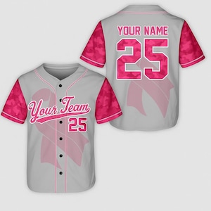 Benutzerdefinierte Brustkrebs Bewusstsein Baseball Jersey - Pink Ribbon grau Shirt mit Name & Nummer, Support Team Geschenk