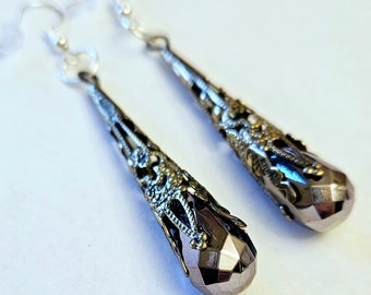 Vintage Gothic Teardrop Earrings, Filigree Dangle, Hypoallergenic Jewelry