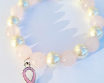 Pink Ribbon Bracelet | Rose Quartz & Pearl, Breast Cancer Awareness