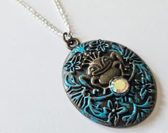 Frog Medallion Necklace | Antique Bronze, Teal Cottagecore Pendant