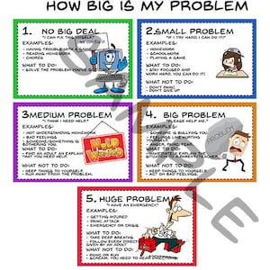 Puede incluir: Un gráfico colorido con cinco cuadros de diferentes colores, cada uno con un título y una descripción de un problema. Los títulos son "No es gran cosa", "Problema pequeño", "Problema mediano", "Problema grande" y "Problema enorme". Cada cuadro tiene un personaje de dibujos animados y ejemplos de qué hacer y qué no hacer.