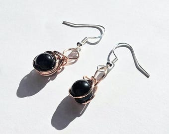Black Beaded Dangle Earrings | Copper Wire Wrapped Gothic, Hypoallergenic