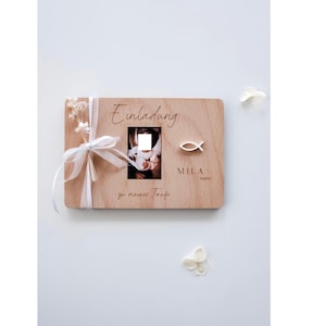 Einladungskarte aus Holz | personalisierte Holzkarte für Taufe Kommunion Firmung | Einladungskarte mit Foto für Geburtstag oder Hochzeit