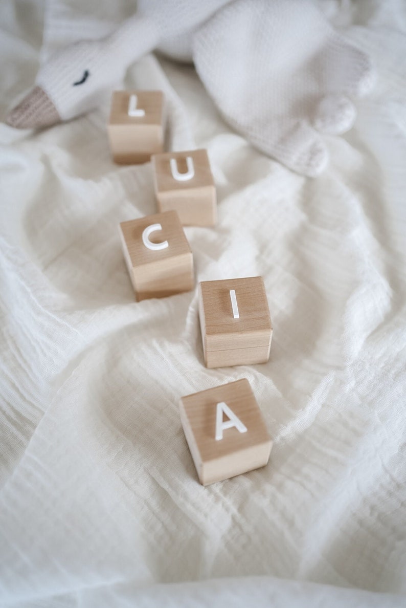 Wooden cubes personalized with acrylic Birth gift Dice with name Wooden cube baby Building blocks personalized Letter cubes image 1