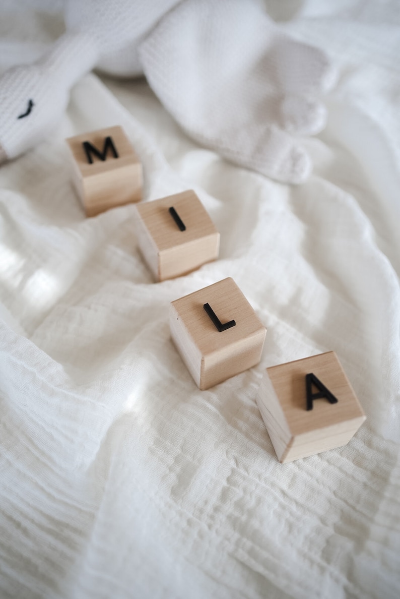 Wooden cubes personalized with acrylic Birth gift Dice with name Wooden cube baby Building blocks personalized Letter cubes image 8