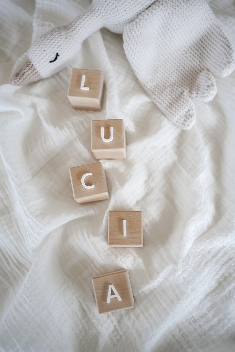 Wooden cubes personalized with acrylic Birth gift Dice with name Wooden cube baby Building blocks personalized Letter cubes image 4