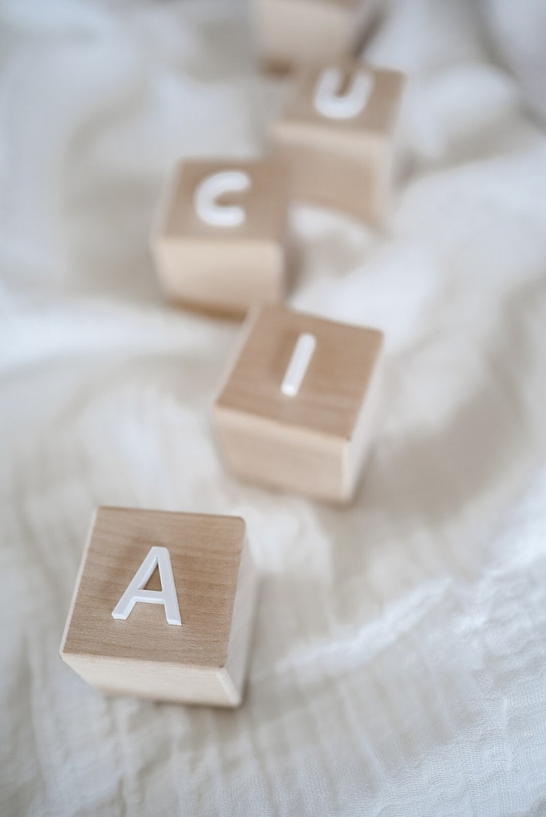 Wooden cubes personalized with acrylic Birth gift Dice with name Wooden cube baby Building blocks personalized Letter cubes image 3