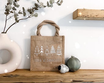 Jutebeutel | Frohe Weihnachten | Jutetasche mit der Aufschrift Frohe Weihnachten | Sackleinen | Geschenk Weihnachten | Tannenbäume