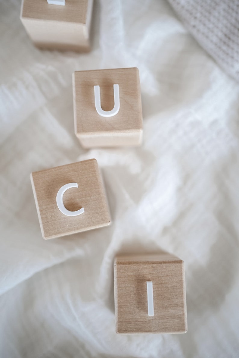 Wooden cubes personalized with acrylic Birth gift Dice with name Wooden cube baby Building blocks personalized Letter cubes image 5