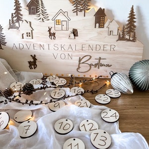 Adventskalender aus Holz personalisierter Weihnachtskalender 3D Effekt Winderlandschaft Rentier Kinder Weihnachten Adventszeit Kalender1 + Zahlen