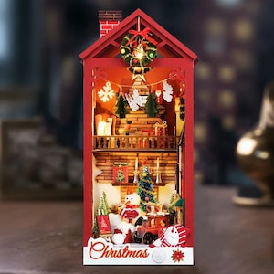 Kit de bricolaje de rincón de libros navideños para regalo de Navidad, estantería de construcción de modelos 3D para decoraciones navideñas para el hogar, juguetes creativos de rompecabezas de madera