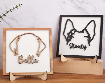 Dibujo lineal personalizado de orejas de perro / Arte enmarcado de orejas de perro / Letrero de madera 3D / Letrero conmemorativo personalizado / Recuerdo para mascotas / Regalo conmemorativo para perros