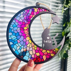Personalized Cats Memorial Suncatcher, Cat Memorial Suncatcher Sleeping Cat on Moon Loss of Pet Sympathy Gift, Gift for Cat Lover