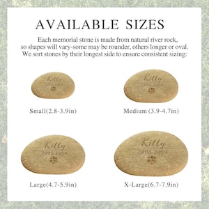 May include: Four sizes of memorial stones are displayed, each engraved with "Kitty" and dates. Sizes range from Small (2.8-3.9 inches) to X-Large (6.7-7.9 inches). The stones are oval-shaped and made from natural river rock.
