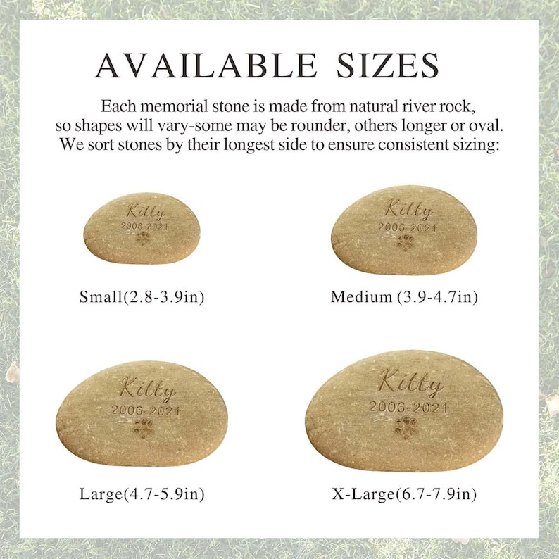 May include: Four sizes of memorial stones are displayed, each engraved with "Kitty" and dates. Sizes range from Small (2.8-3.9 inches) to X-Large (6.7-7.9 inches). The stones are oval-shaped and made from natural river rock.
