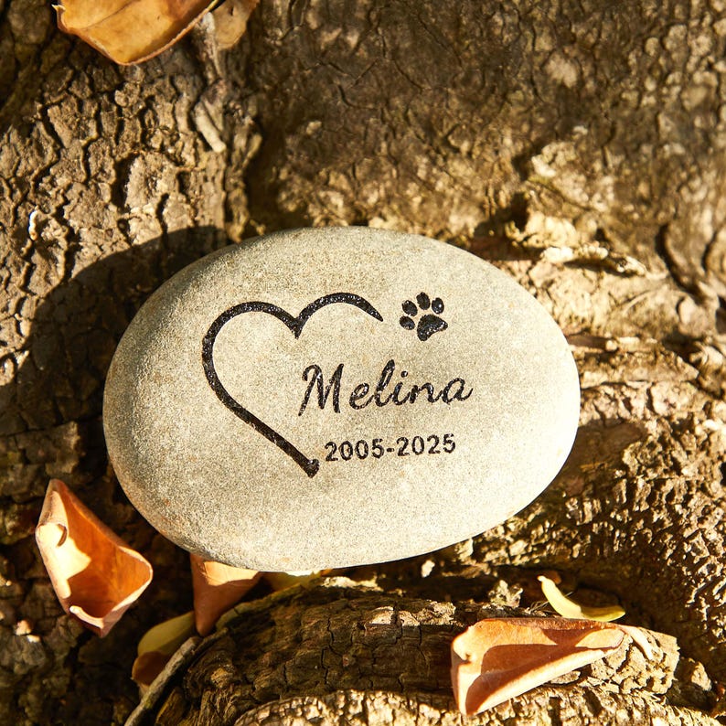 May include: A light gray, oval-shaped memorial stone with a heart and paw print design. The name "Melina" and the years "2005-2025" are inscribed on the stone. The stone is resting on a textured, brown surface with fallen leaves.