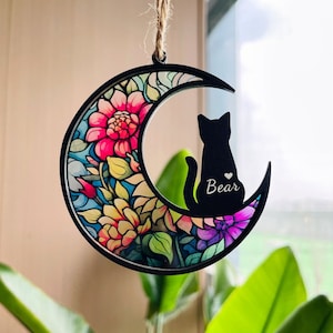 猫のメモリアル、猫のメモリアルサンキャッチャー、ペットのメモリアルギフト、猫好きの方、手作りのカスタムネーム猫用デコレーション、ペットの死を悼むギフト、ペットの死を悼むギフト