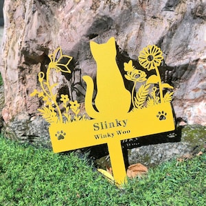 Custom Cat Memorial Stake,Personalized Cat Loss Gift,Metal Cat Garden Stake with Flowers,Cat Burial Stake,Cat Garden Decor,Pet Memorial Gift