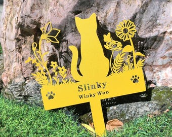 Custom Cat Memorial Stake,Personalized Cat Loss Gift,Metal Cat Garden Stake with Flowers,Cat Burial Stake,Cat Garden Decor,Pet Memorial Gift