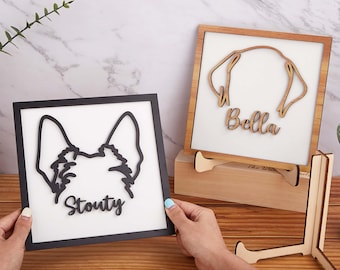 Dibujo lineal de orejas de perro personalizadas / Arte enmarcado de orejas de perro / Letrero de madera 3D / Letrero conmemorativo personalizado / Regalo conmemorativo para mascotas