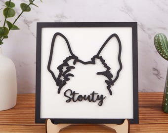 Arte enmarcado de orejas de perro / Dibujo lineal personalizado de orejas de perro / Letrero de madera 3D / Letrero conmemorativo personalizado / Regalo conmemorativo para perros / Regalo conmemorativo para mascotas