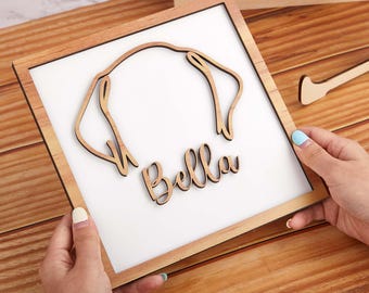 Arte enmarcado con orejas de perro / Dibujo lineal personalizado de orejas de perro, obra de arte enmarcada, letrero de madera 3D conmemorativo único para perros / Memorial para mascotas / Regalo conmemorativo para perros