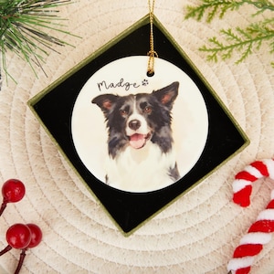 Può includere: Un ornamento rotondo in ceramica con un ritratto ad acquerello di un cane Border Collie bianco e nero. Il nome del cane, "Madge", è scritto sopra l'immagine. L'ornamento è presentato in una scatola verde con un cordino dorato per appenderlo.